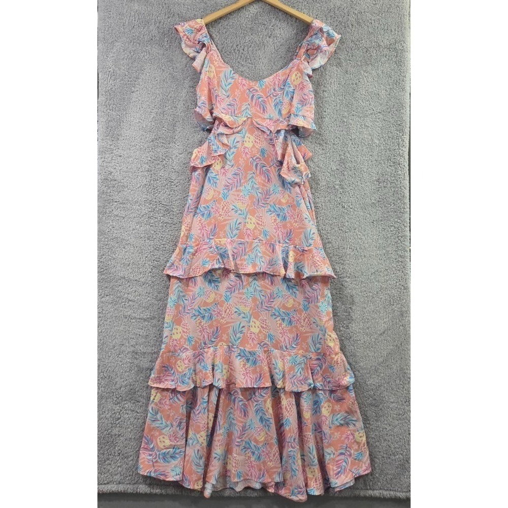 Simply Southern Pink Pineapple Ruffled Maxi Dress Women's Size XL Tiered Cutout